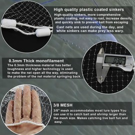 Drasry Saltwater Fishing Cast Net 3/8 and 1/4 Mesh with Heavy Duty Gray Sinker American Monofilament Fish Throw Net for Bait Trap 3FT 4FT 5FT 6FT 7FT 8FT 9FT Radius 0.66 lb/ft, 5FT Radius /150cm