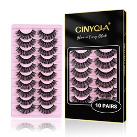 CINYOLA 10 Pairs Mink Lash Fluffy Wispy False Eyelashes, Cat Eye Lashes Extension Strips Charming Look, Volume D Curl Fake Lashes Pack