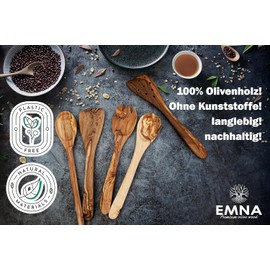 EMNA - 5-teiliges Oliven-Holz Küchenutensilien-Set ca. 30 cm, Kochlöffel aus luxuriösem Olivenholz, Flacher Pfannenwender und Geschlitzter Pfannenwender, Salatbesteck, für Küchenliebhaber,