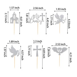 Arthsdite 24Pcs Spanish Mi Bautizo Cupcake Toppers with Cross Angel Dove Church Grail Baptism Cupcake Picks for Religious God Bless Theme Baby Shower Birthday Party Supplies - Silver Glitter