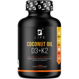 Vitamina D3 400 UI + K2 320 Softgels. Alta absorsión. Aceite de Coco, Vitaminas D3 y K2. Ingredientes naturales. Coconut Oil D3 + K2 B Life.
