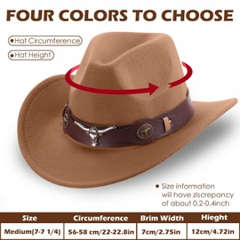 Panitay 4 Pcs Classic Western Cowboy Hat for Men Felt Wide Brim Hats Women Belt Buckle Panama for Adults Kids Party, 4 Colors(Black, White, Khaki, Dark Khaki)