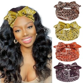 FULZTEY Bow Headbands for Women Wide Hairbands Vintage Large Headwrap Non Slip Workout Sports Head Band Knotted Thick Turban Cotton Bandanas for Hair Accessories 4Pcs