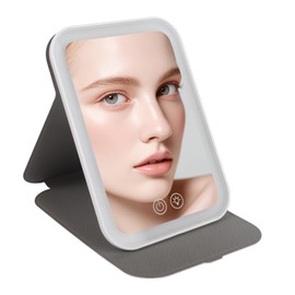 Espejo luz LED Maquillaje HD,Espejo portátil,Espejo de Maquillaje de Viaje Espejos pequeños Ampliados 10X,Espejo Cosmético Plegable de Mesa con Cubierta de Cuero de PU/3 Modos/USB Carga (Azul)