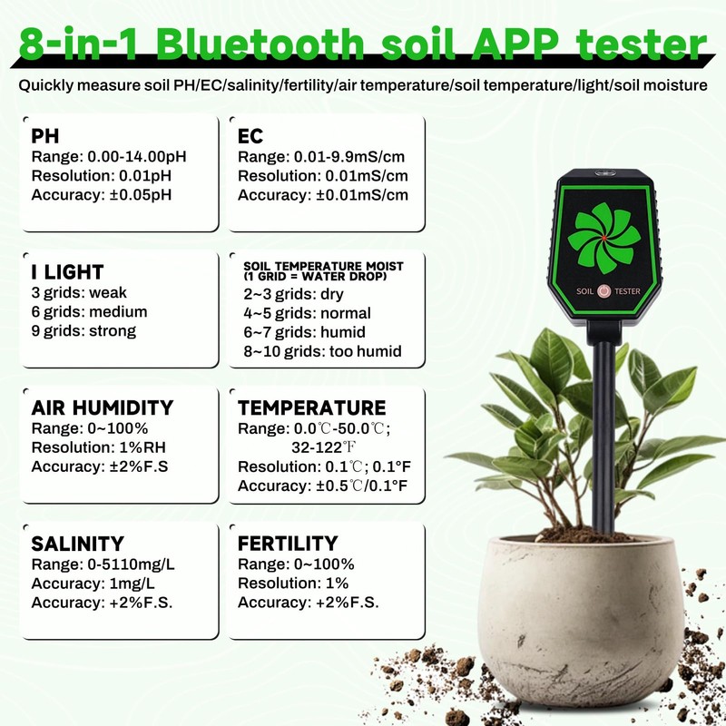 8-in-1 Bluetooth Moisture Meter Plants Moisture Meter PH Meter Soil