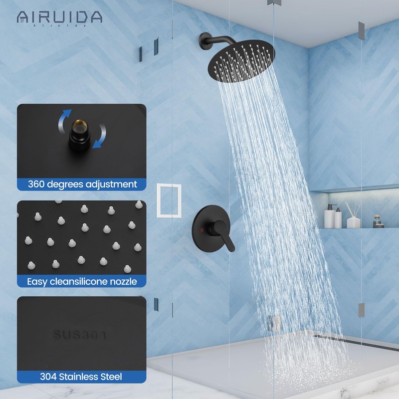 Airuida Shower Faucet Set,8 Inch Round Rainfall Shower Head,SUS304 Stainless