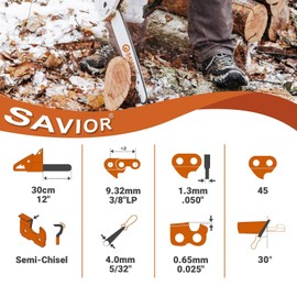 Savior 3Pack S45 12 Inch Chainsaw Chain 3/8" LP Pitch .050" Gauge 45 Drive Links Fits Greenworks 40V 20262 20292 Echo 2511T/271T Sun Joe SWJ698E 9A Chain Saw Dewalt DCCS620, Replace 91PX45CQ DWO1DT612