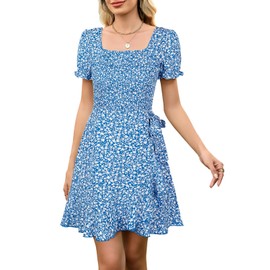 Berydress Womens Wrap Dress 2025 Square Neck Short Sleeve Tie Waist Smocked Sundresses Casual Floral Ruffle Mini Skater Dresses(L,6279-Blue Flo)