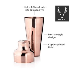 Viski Parisian Cocktail Shaker, Contoured High Shine Polished Stainless Steel with Built-in Cap and Strainer, Copper 25 Oz Set of 1
