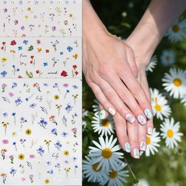 Flower Nail Stickers 5D Spring Summer Daisy Colorful Floral Embossed Self-Adhesive Stickers for Women Art Decoration Accessories (Colourful 3PCS)