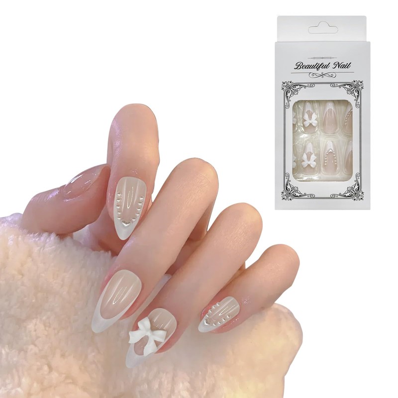 BRDXOOL Women's Nails Bow Nails Almond Nails Bright Colour Nail