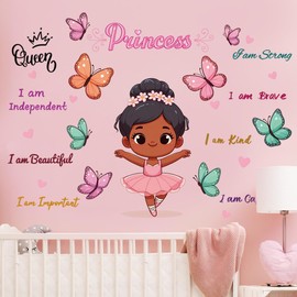 Black Girl Religious Wall Decal Stickers Positive Saying African American Princess Wall Decor Inspirational Afro Kids Room Wall Stickers Pink Fairy Butterfly Wall Art for girl Bedroom