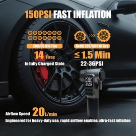ReboostFast Tire Inflator Portable Air Compressor, Digital Pressure Gauge & Auto Shut-Off, Portable emergency tool as LED light, safety hammer & seatbelt cutter, for Car, Bike, Ball, Motor