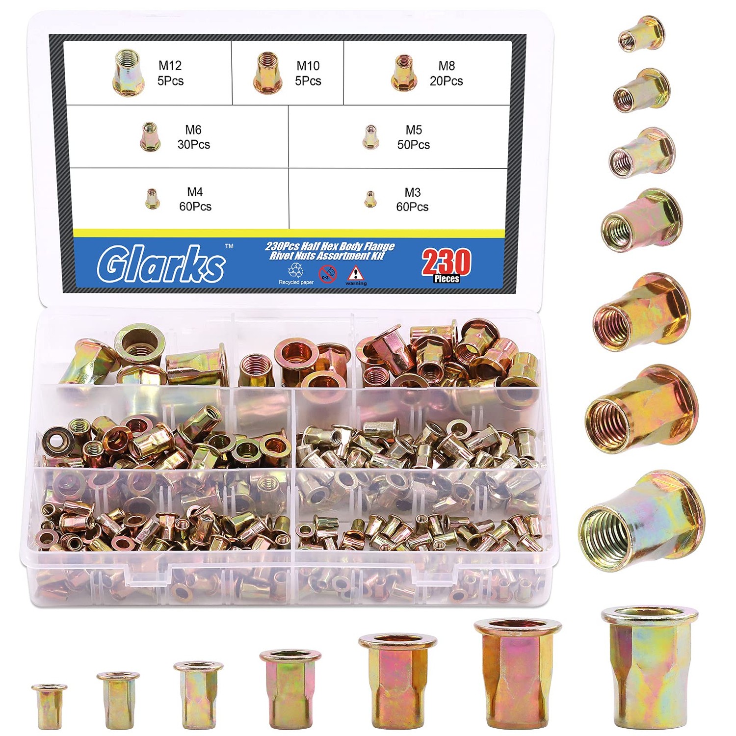 Glarks 230Pcs M3 M4 M5 M6 M8 M10 M12 Half Hex Body Flange Rivet Nuts ...
