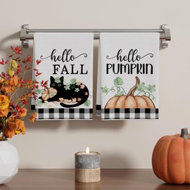 XCHI Fall Cute Black Cat Pumpkin Plaid Autumn Harvest Dish Towels 18x26 Inch Hand Kitchen Towels Dishcloth Home Decorations Set of 2