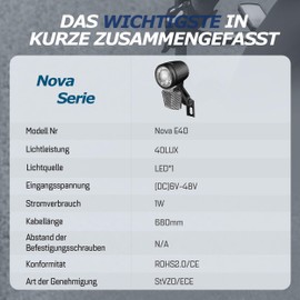 ADDVIEW Electric Bike Front Light 40 Lux Nova E40 - LED Bicycle Light with 6-48V DC, StVZO & ECE Approved, IP65 Waterproof, Compact Design for E-Bike City & Trekking Bike, 1W Power Consumption