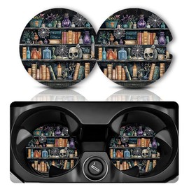 Yonlevres Car Coasters for Cup Holders，2.75" Universal Size Anti Slip Rubber Mat with A Finger Notch, 2 Pack Cup Holder Coasters for Car Interior Accessories for Women Men Gothic Bookshelf
