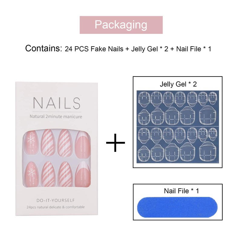 24 PCS Press on Nails White Edge Fake Nails Medium