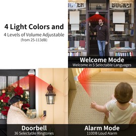 Nineleaf 2 Pack 5 Mode Motion Sensor Alarm with Color Light, Wireless Infrared Home Security System，PIR Motion Detector Alert, Entrance Welcome Doorbell for Shop Store Hotel Office