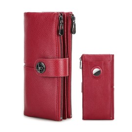 Contacts Airtag Wallet Leather Turnlock Clutch Purse Womens Zipper Phone Holder Card Organizer Bifold Rfid Wallets (Red)