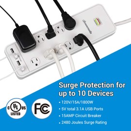DEWENWILS 10-Outlet Surge Protector Power Strip with 4 USB Ports, 15 FT Long Extension Cord, Right Angle Flat Plug, 2480J Surge Rating 15AMP Circuit Breaker, Wall Mountable, White, UL Listed