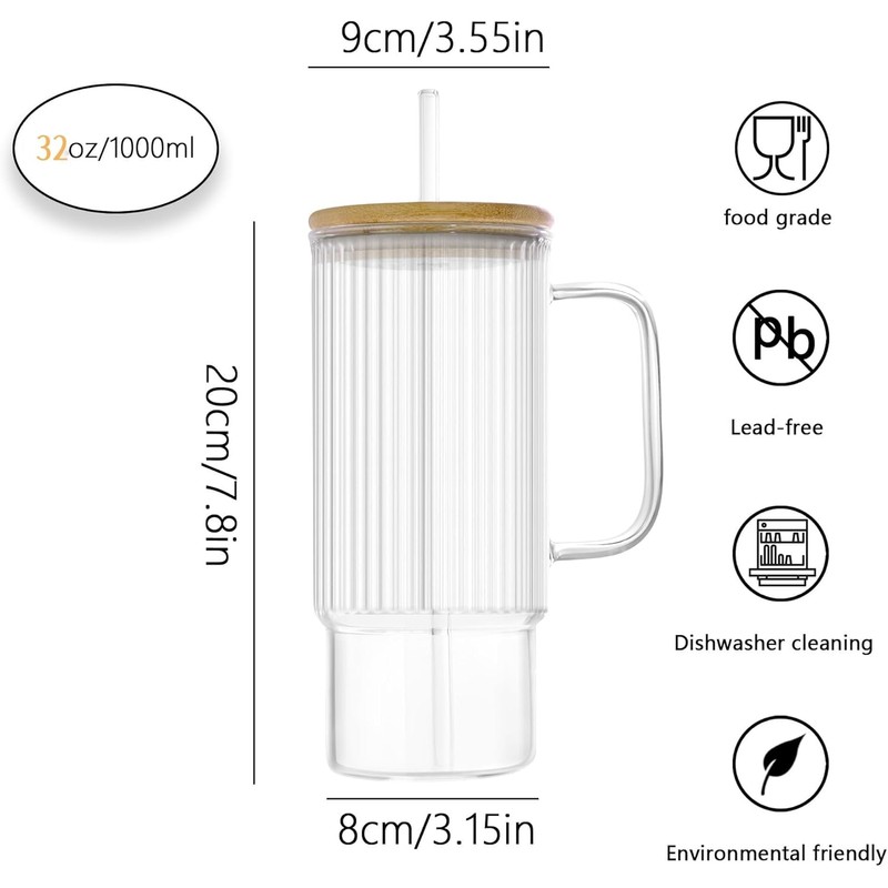 32oz Ribbed Glass Cup with Handle Bamboo Lid and Straw,