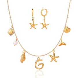 Shell Necklace and Starfish Hoop Earrings Set, Charm Necklace - Gold Necklace for Women, Initial Necklace - Letter A-Z Pendant Choker, Waterproof, Non-Tarnish Gold Necklace, Gifts for Women (G-Style)