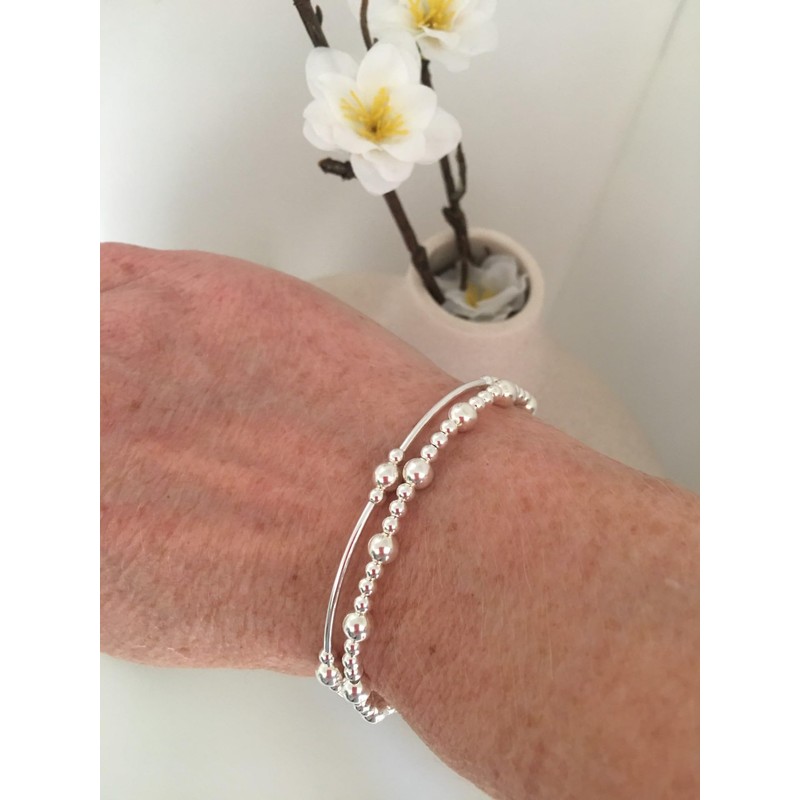 Sterling Silver 925 Beaded Stretch Noodle Design Bracelet