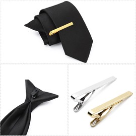 DEYACE Clip on Ties for Men, 2 pcs Pre Tied Neckties and Tie Clips Set, Black Red Solid Color Mens Tie for Wedding Graduation Office School(BLACK+BLACK)