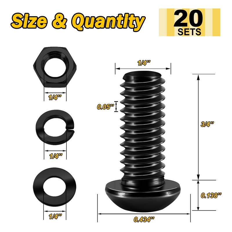 (20Sets) 1/4-20 Bolt x 3/4" Button Head Socket Cap Bolts