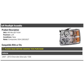 Left Driver Side Headlight Assembly - Compatible with 2007-2013 Chevy Silverado 1500