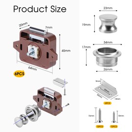 SUPAWAY Pack of 6 Push Button Latches, Keyless Metal Push Button Lock, Locking Cabinet Lock, Brown, Motorhome, Caravan Latch Button, Push Button Catch for Door, Cabinet, Yacht, Ship