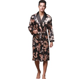 ZUEVI Men's Long Sleeve Satin Kimono Robe Dragon Lightweight Bathrobe Pajamas(BLACK-XL)