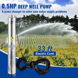 Happybuy Deep Well Submersible Pump, 0.5HP 115V, 28gpm Flow, 167ft Head, 33ft Cord, 4" Stainless Steel, IP68 Waterproof, for Industrial, Irrigation & Home Use