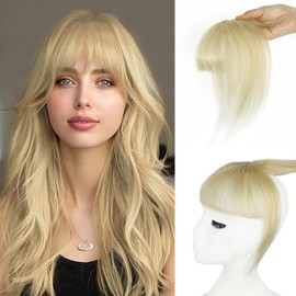 Datanala 100% Real Human Hair 360° Cover French Bangs In Clip Light Blonde Bangs Human Hair In Clip Hairpieces with Temples Women Air Thinning Curtain Daily Wear
