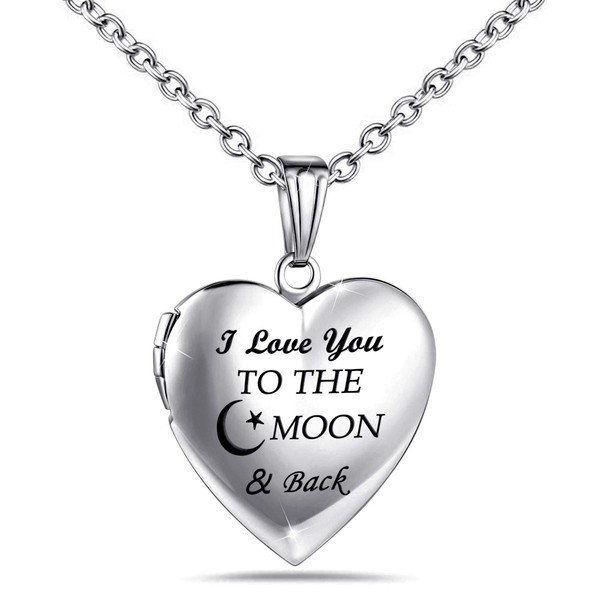 YOUFENG Love Heart Locket Necklace That Holds Pictures Engraved Always in My Heart Memories Photo Lockets (Moon & Back locket)