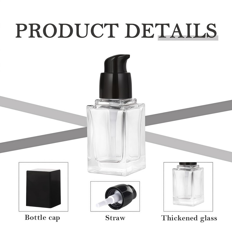 2Pcs 30ML/1oz Empty Square Clear Glass Lotion Pump Bottles with