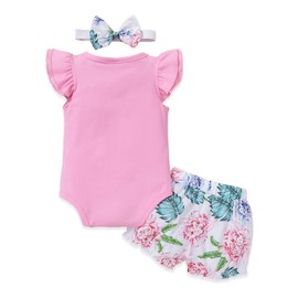 PATPAT Baby Clothing Girls Cotton Newborn Romper Clothing Short Sleeves Sleeveless + Bow Shorts + Headband Clothing Sets for Girls, 3 Pieces, Summer 0-18 Months Gift, pink, 6-9 months