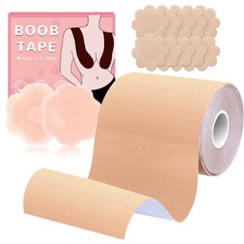 BEWTEIM Bob Tape for Large Breasts Plus Size, Boobytape for Breast Lifting, 3 inch Boob Tape Roll, Breast Lift Tape Push up, 1 Pair Silicon Nipple Covers 5 Pairs Pasties Light Skin