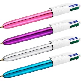 BIC 4 Colours Shine Retractable Multi-Coloured Ballpoint Pens, Medium Point 1.0mm, Assorted Metallic Barrels, Pack of 6