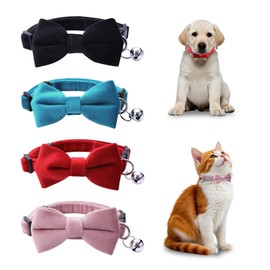 TUONYIS 4 Pcs Velvet Kitten Collars, Velvet Cat Collar with Bell Bowtie, Adjustable Breakaway Cat Collars Cat Bow Collar Cat Bowtie Kitten Collar with Bell for Pet Party, Wedding (Black,Blue,Pink,Red)