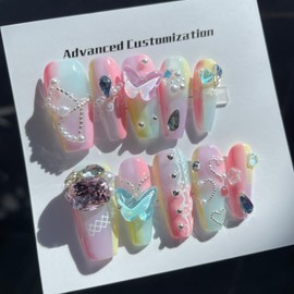 Nosacen 100% Handmade Nails,10 Pcs 3D Handmade Press On False Nails,Hand-painted Artificial Nails With Glue for Women and Girls Easy DIY Nail Art at Home Application (#8008-M)