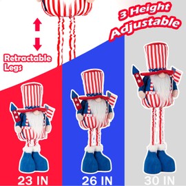 unanscre Large 4th of July Patriotic Gnome Plush Decoration - Standing Independence Day Gnome w/Retractable Spring Leg(23’’-30’’) Decor, Veteran Memorial Day USA Gnome Gift for Fourth of July Ornament