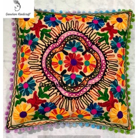 GANESHAM Indian Home Decor Floral Cotton Throw Pillow Case Hand Embroidered Suzani Sofa & Couch Handmade Cushion Cover (Beige)