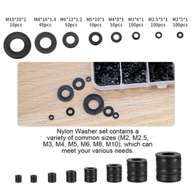 500 Pcs Nylon Washers, Plastic Flat O Ring Washers, Black Round Seals Spacer Washers Assortment, Tap Sealing Gasket Washers for Plumbing, Tap, Mechanical Repair - M2/M2.5/M3/M4/M5/M6/M8/ M10