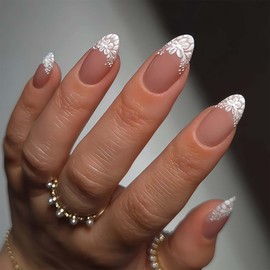 24Pcs Short Almond Press On Nails White Floral French Tip - Fake Nails With Glue Jelly Tabs - Glossy Almond False Nails Full Cover - Elegant Artificial Manicure For Women Everyday Office Bridal Wear