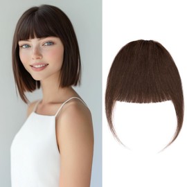 Clip in Fringe Human Hair Medium Brown Bangs Fringe Clip in Hair Extensions Clip on Thick Bangs Remy Human Hair Extensions Short Hairpieces for Women Clip in Bangs Fringe