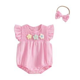XIXIMAON Baby Girls Summer Romper Ruffled Flying Sleeve Round Neck 3D Flower Decor Smocked Jumpsuit with Bow Headband Outfit Set Newborn Clothes Girl (Pink, 12-18 Months)