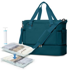 Large Travel Duffle Vacuum Seal Bags for Clothing with Hand Pump Gym Weekender Bags for Women Overnight Hospital Tote Carry On Luggage Space Saver Vacuum Storage Bags with Shoe Compartment PeacockBlue