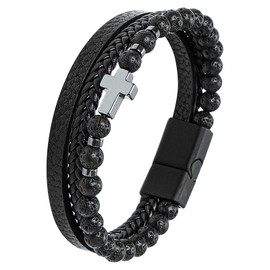 JUZICHEN 21 cm Men's Bracelet, Leather Bracelet, Rosary Bracelet, Cross, Men's Bracelet, Black Brown, Bracelet, Men's Bracelets, Jewellery Gifts for Men, Boys, Men, Leather, 316L Stainless Steel